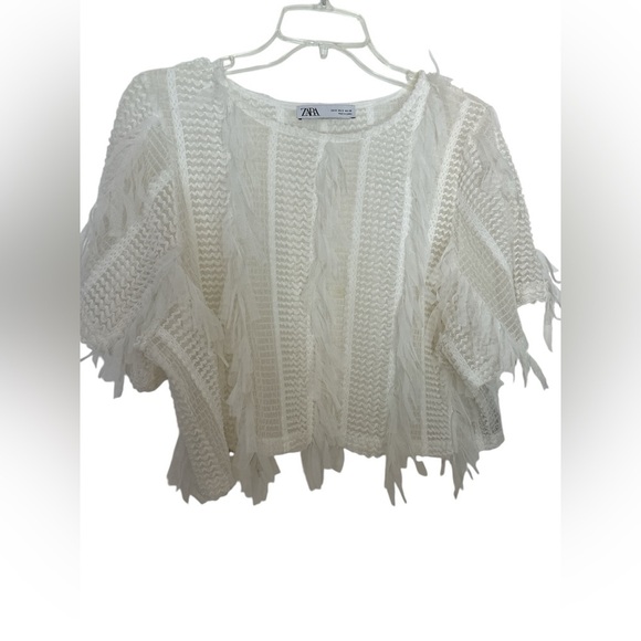 ZARA Blouse Crop Top Semi Sheer FEATHER Fringe NWOT - Picture 1 of 6